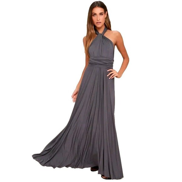 Lulus Tricks of the Trade Convertible Wrap Maxi Dress Medium Dark Gray Halter - Picture 6 of 16